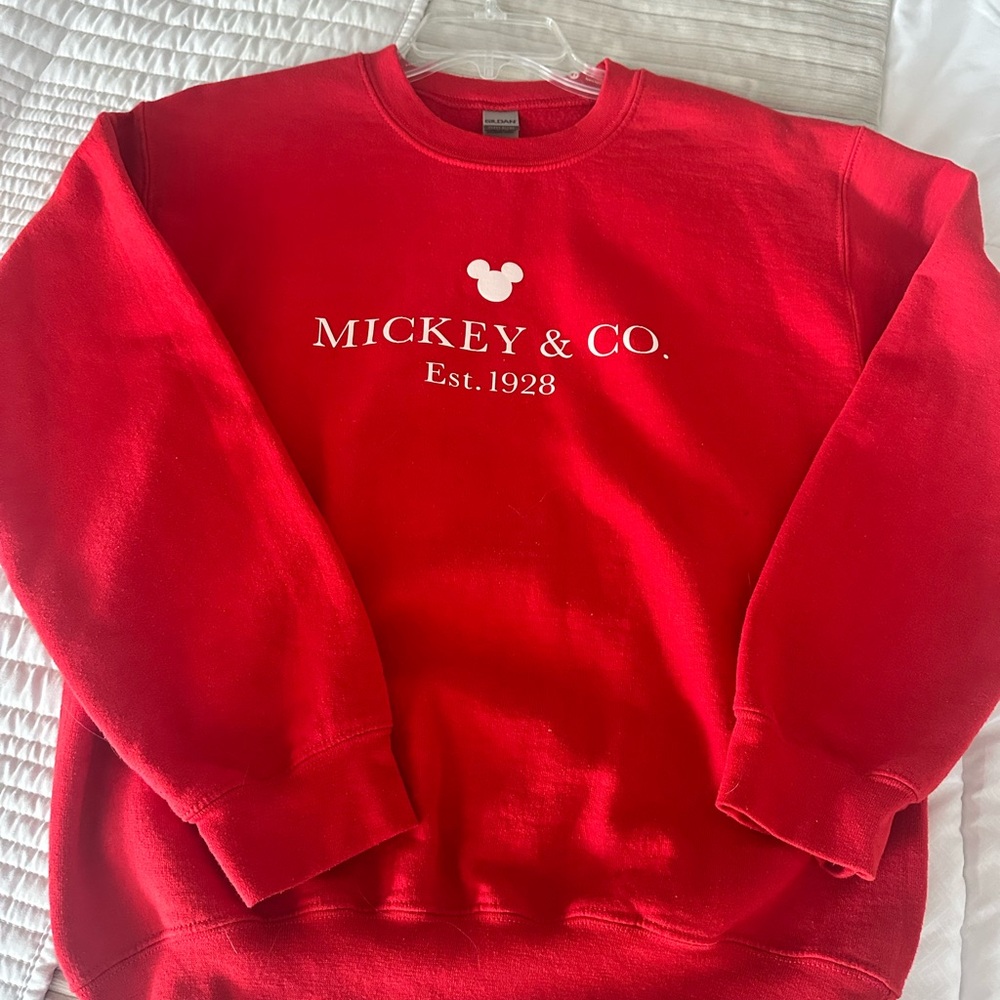 Gildan Red Crewneck Sweater with Mickey & Co. Design